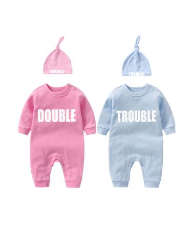 culbutomind Baby Twins Bodysuits Double Trouble Newborn Unisex Baby Romper Cute Outfit With Hat Multicoloured BT 6-9 Months