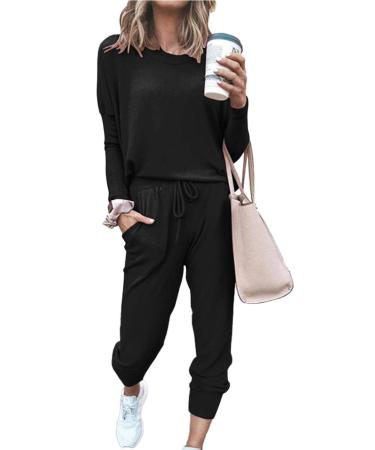 PRETTYGARDEN Women's 2023 Fall Two Piece Outfit Long Sleeve Crewneck Pullover Tops And Long Pants Tracksuit Sweatsuits A-black Large