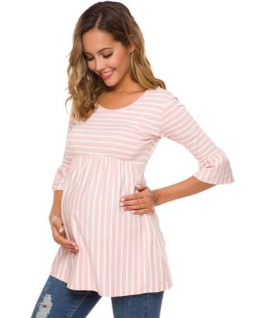 Love2Mi Women Maternity Blouse XL Pink Stripe | Pregnancy Shirt 3/4 Bell-Sleeve | Striped Maternity Clothes - Buy Online on SooperMarket.com