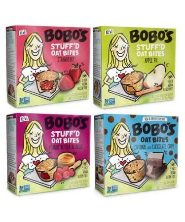 Bobo's Stuff'd Oat Bites, Gluten Free Whole Grain Rolled Oat Snacks, Strawberry, Apple Pie, Peanut Butter & Jelly, and Original with Chocolate Chips, 1 Box of Each with Make Your Day Lollipops