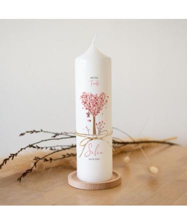 Personalized Baptism Candle for Girls | Custom Tree & Hearts Design | Pink with Name & Saying | Online Design & Jute Ribbon Decor - Buy Online on SooperMarket.com