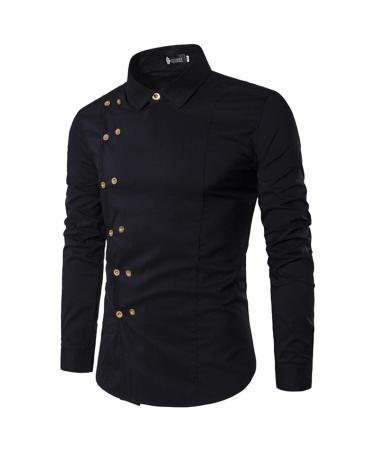 Men's Button Up Short Sleeve Dress Shirts Slim Fit Double Breasted Turn Down Collar Business Wedding Blouse Tops Black