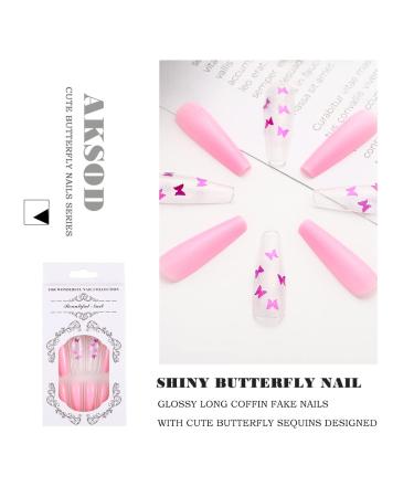 Aksod Pink Gradient Press on Nails with Butterfly Glitter Long Square Coffin False Nails for Women and Girls - Buy Online on SooperMarket.com
