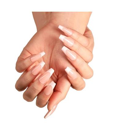 Aksod Long Coffin French Manicure Press on Nails Tips Glossy Pink Fake Nails Designed Ballerina Full Cover Artificial False Nails Tips for Women and Gilrs (24Pcs)