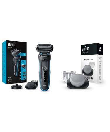 Braun Series 5cs Razor men electric shaver with 3 flexible blades charging stand 50 min running time M4500CS turquoise & easyClick body groomer attachment compatible with Series 5 6 and 7 electric shaver bundle with body groomer attachment bundle with bod