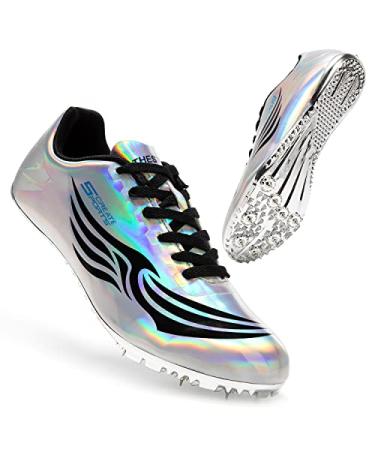 THESTRON Unisex Track Spikes Running Sprint Shoes Track & Field Shoes for Men Women Kids Cool Racing Running Sneakers 7 Silver