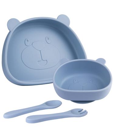 Qshare Suction Baby Plate and Bowl Set with Fork Spoon Silicone Baby Led Weaning Supplies for Toddler Self Feeding BPA Free Silicone Feeding Set for Babies Toddlers Kids Bears-blue