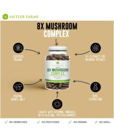 Antler Farms 100% Pure 8X Mushroom Complex - Organic Five Mushroom Blend - Lion's Mane, Reishi, Cordyceps, Chaga, Turkey Tail - Fruiting Bodies Only - Buy Online on SooperMarket.com