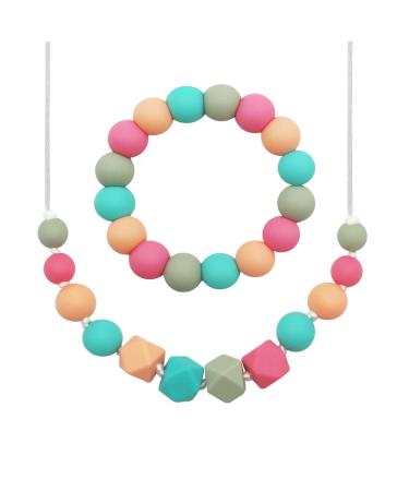 Baby Teething Necklace for Mom to Wear 2 Pack Chew Necklaces and Bracelet for Sensory Kids Baby Teether Nursing Necklaces for Toddler Boys Girls to Reduce Anxiety Biting Chewing Fidgeting