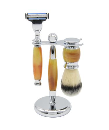Union Razors SS1 Three Piece Shave Kit Tiger Eye with Razor Shaving Brush and Stand Brown