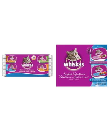 WHISKAS Salmon Poultry Seafood Whitefish & Tuna Wet Cat Food Pat | 36 Pack Cat Food + Wet Cat Food Multipack Salmon & Poultry Selections 100 g (Pack of 24)