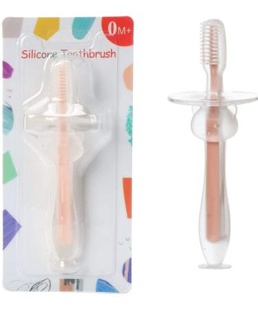 Infant Training Silicone Soft Toothbrush Food Grade 0-2 Years with Baffle BPA-Free Teeth Care can Stand Sucker Brush (Pink)