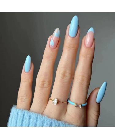 Blue press on nails medium almond shape kqueeest natural acrylic nails glitter sequins full cover shiny fake nails designed press-on 24pcs blue heart