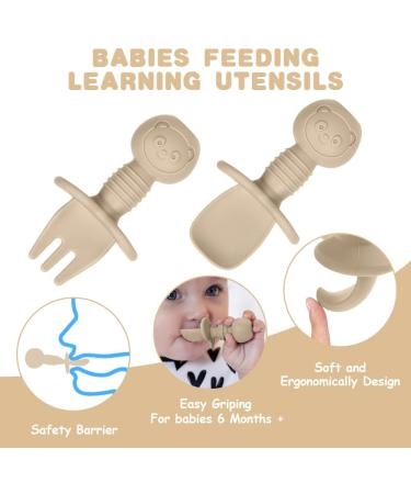 Vicloon Baby Fork and Spoon Set - Silicone Self Feeding Utensils for Toddlers, Easy Grip Cutlery Kit - Gray-Brown - 4Pcs - Buy Online on SooperMarket.com