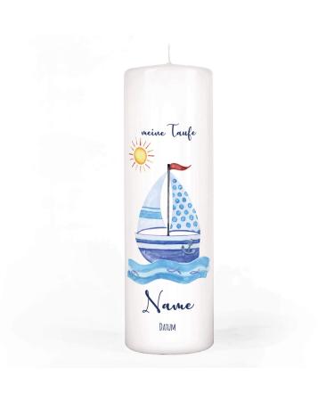 Striefchen baptism candle for boys with name and baptism date as well as own baptismal saying 8 x 25 cm - sailing ship motif
