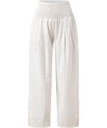 Viyabling Women's Summer Linen Palazzo Beach Pants - Elastic Waist Wide Leg Trousers in White | Medium - Buy Online on SooperMarket.com