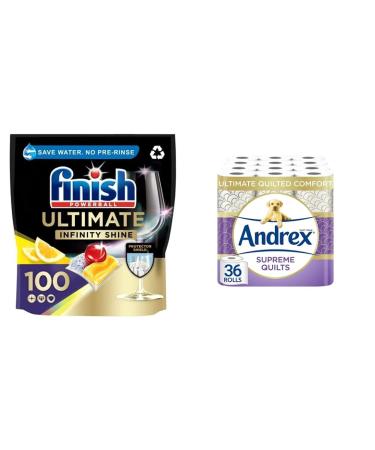 Home Essentials Bundle - Andrex Quilted Toilet Roll 36s and Finish Ultimate Infinity Shine Dishwasher Tablets Lemon 100s