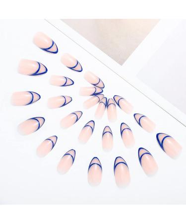 Glossy Almond Press on Nails Blue Line - 24Pcs Medium Oval Geometric French Tips for Women and Girls - Buy Online on SooperMarket.com