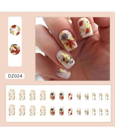Fall Press On Nails - Short Square Acrylic with Leaf Design | Thanksgiving Stick-On Nails for Women & Girls - Buy Online on SooperMarket.com