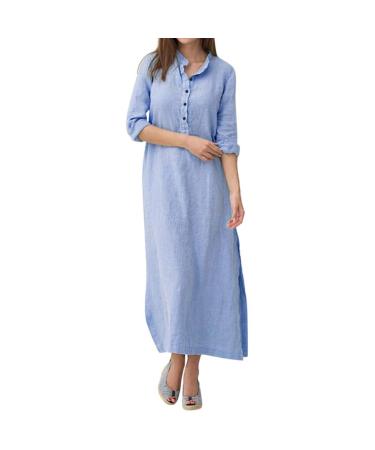 Women's Casual Cotton Linen Dress Solid Long Sleeve Shift Maxi Dresses Side Split Button up Shirts Long Dress Blue X-Large
