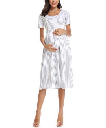 Love2Mi Short-Sleeve Maternity Dress XL - White Grey Stripe | Casual A-Line Midi Pregnant Dress - Buy Online on SooperMarket.com