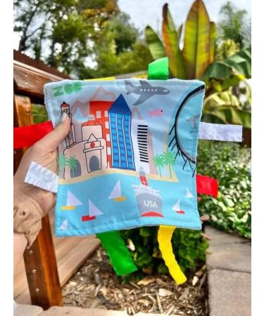 Baby Jack & Co 8x8 Learning Lovey San Diego California Tag Toy | USA Cities & Shapes | Soft & Safe Crinkle Toy for Babies | BPA-Free with Stroller Clip - Buy Online on SooperMarket.com