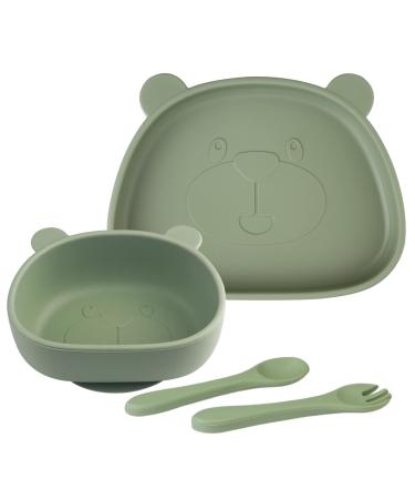 Suction Baby Plate and Bowl Set with Fork Spoon Silicone Baby Led Weaning Supplies for Toddler Self Feeding BPA Free Dishwasher and Microwave Safe (Olive)