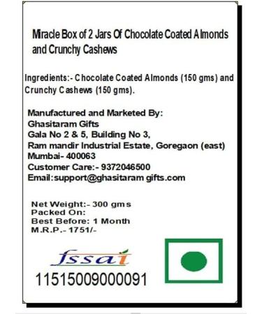 Jaiccha Ghasitaram Miracle Box of 2 Jars of Chocolate Coated Almonds and Crunchy Cashews|Gift for Diwali Gifts Holi Rakhi Valentine Christmas Birthday Anniversary Her Him| Box of 2 Jars of Choco Almonds & Crunchy Cashews - Buy Online on SooperMarket.com