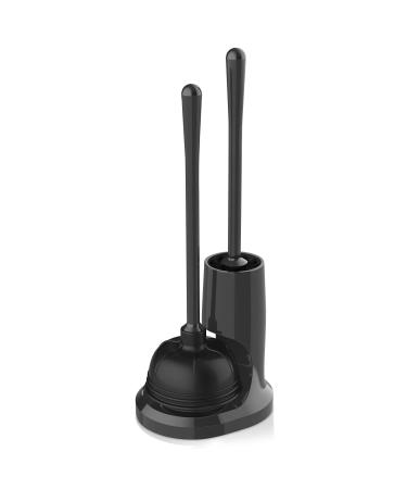 uptronic Toilet Plunger and Brush, Bowl Brush and Heavy Duty Toilet Plunger Set with Holder, 2-in-1 Bathroom Cleaning Combo with Modern Caddy Stand (Black, 1 Set)