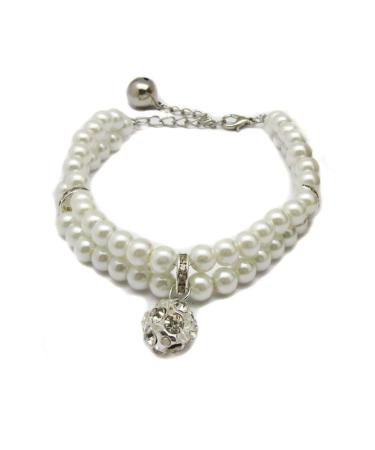 PETFAVORITES Luxury 2 Row Pearls Rhinestones Pet Cat Dog Necklace Collar Jewelry with Bling Crystal Ball Charm Pendant for Pets Cats Small Dogs Female Puppy Chihuahua Yorkie Girls Costume Outfits Neck Size:8"-10" White