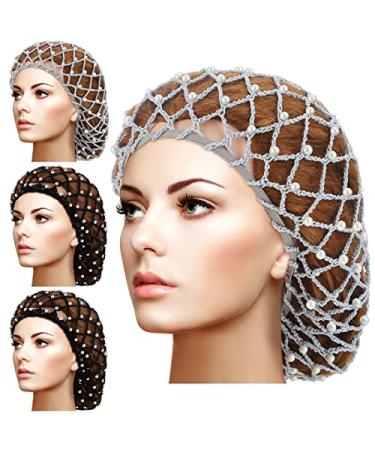 MTLEE 4 Pieces Snoods for Women Hair Net Pearl Crochet Mesh Hairnet Mesh Rayon Knit Hair Wrap Cover for Sleeping