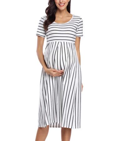 Love2Mi Womens Short-Sleeve Maternity Dress Casual A-Line Midi Pregnant Dress XL White Black Stripe