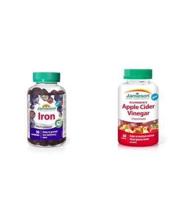 Jamieson Iron Gummies Grape Flavour 90 Count Helps to Prevent Iron Deficiency & ACV + Chromium 60 Gummies SUPPLEMENT + SUPPLEMENT 9562