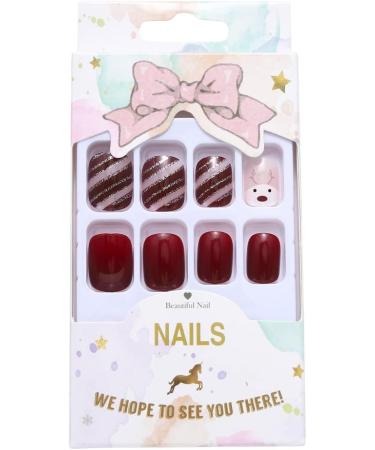 Brishow Christmas Snow Elk Press on Nails - Red Short Square Fake Nails for Women and Girls (24pcs) - Buy Online on SooperMarket.com