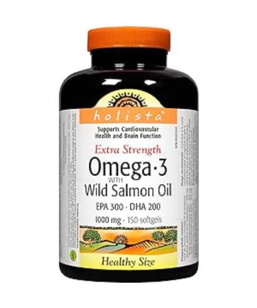 Holista Omega-3 Fish Oil 1 000 mg Extra Strength with Wild Salmon Oil 150 Softgels Supports Heart Brain and Joint Health