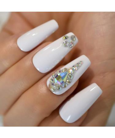 White 3D Shiny Holo Gems French Coffin Ballet False Nail Set | Coolnail Press-On Nails - 24pcs/set - Buy Online on SooperMarket.com