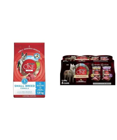 Purina ONE +Plus Small Breed Dry Dog Food with Beef - 1.81 kg Bag & Tender Cuts True Instinct Wet Dog Food in Gravy Variety Pack 2 Flavours - 368 g Can (6 Pack)