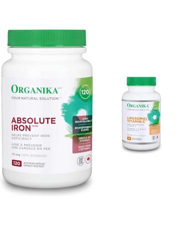 Organika Absolute Iron- Iron Bisglycinate & Liposomal Vitamin C 500mg- High Absoprtion for Superior Bioavailability Immunity- 60vcaps Absolute Iron + Vitamin C