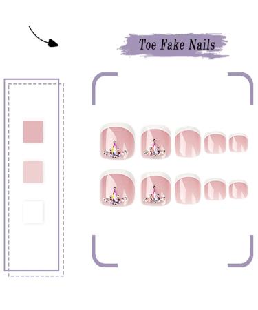 Pink Short Square Fake Toenails with Rhinestones - 24Pcs French False Toenails for Women & Girls - Buy Online on SooperMarket.com