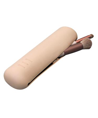 Travel Makeup Brush Holder Silicone Upgrade Anti-Fall Out Magnetic Closure Make up Bag Portable Cosmetic Pouch Soft Sleek Makeup Organize Tools for Travel (Khaki)