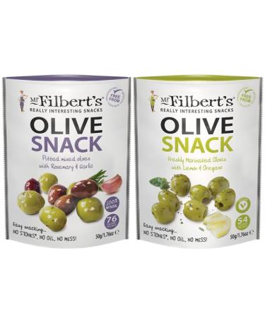 Mr Filbert's Rosemary & Garlic Mixed Olives and Lemon 50g & Oregano Green Olives 50g (One Pack Each)