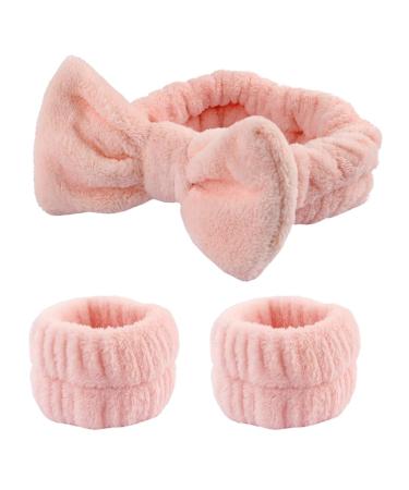 JSGHGDF 1set Elastic Women Shower Hairband & Wristband Cute Bowknot Plush Face Wash Hairband Home Makeup Headband Wristband Pink 3piece set