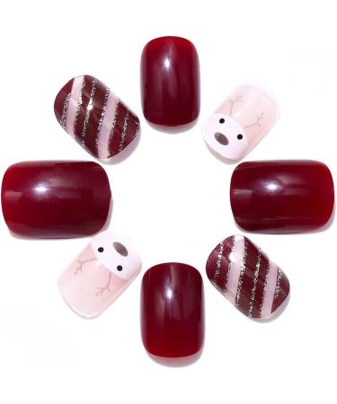 Brishow Christmas Snow Elk Press on Nails - Red Short Square Fake Nails for Women and Girls (24pcs) - Buy Online on SooperMarket.com