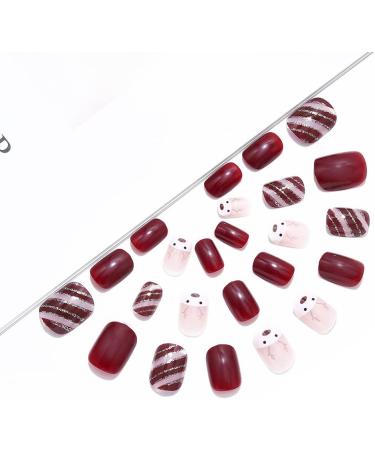 Brishow Christmas Snow Elk Press on Nails - Red Short Square Fake Nails for Women and Girls (24pcs) - Buy Online on SooperMarket.com