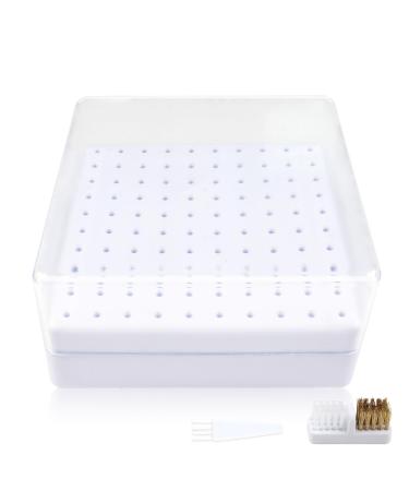 Nail Drill Bits Holder & Nail Drill Bits Cleaning Brush 100 Holes Nail Bit Holder Dustproof Nail Art Drill Bits Display Storage Box Nail Drill Bit Holder for Nail Tech (White)