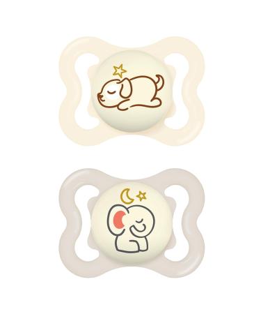 Mam Supreme Night Schnuller in the 2 Set bright baby pacifier for healthy dental and jaw development prevents skin irritation with pacifier box 0-6 months dog/elephant beige-tartrosa/beige 0-6 months/night