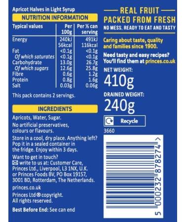 Princes Apricot Halves in Light Syrup 6 x 410g - Buy Online on SooperMarket.com