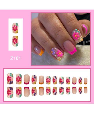 Diduikalor 24Pcs Flower Design Short Square Press on Nails - Cute Acrylic Stick on False Nails for Women - Buy Online on SooperMarket.com