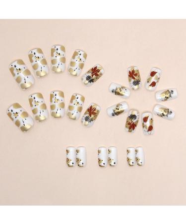 Fall Press On Nails - Short Square Acrylic with Leaf Design | Thanksgiving Stick-On Nails for Women & Girls - Buy Online on SooperMarket.com
