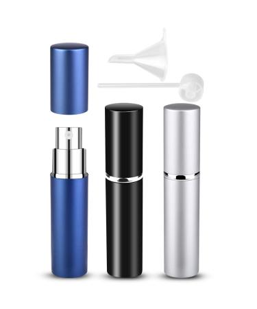 3 pieces 6ml perfume robber refillable bottle travel mini portable empty spray bottle with funnel and pipette (black + silver + dark blue) (6ml (black + dark blue + silver)))